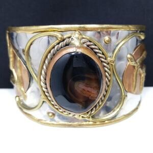 Brown Gemstone Mixed Metal Handmade Cuff Bracelet, 6 3/8 Inches